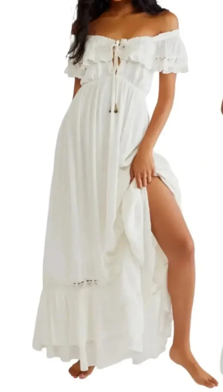 Free People Moonlight Ocean Off Shoulder Boho Maxi Dress White Small
